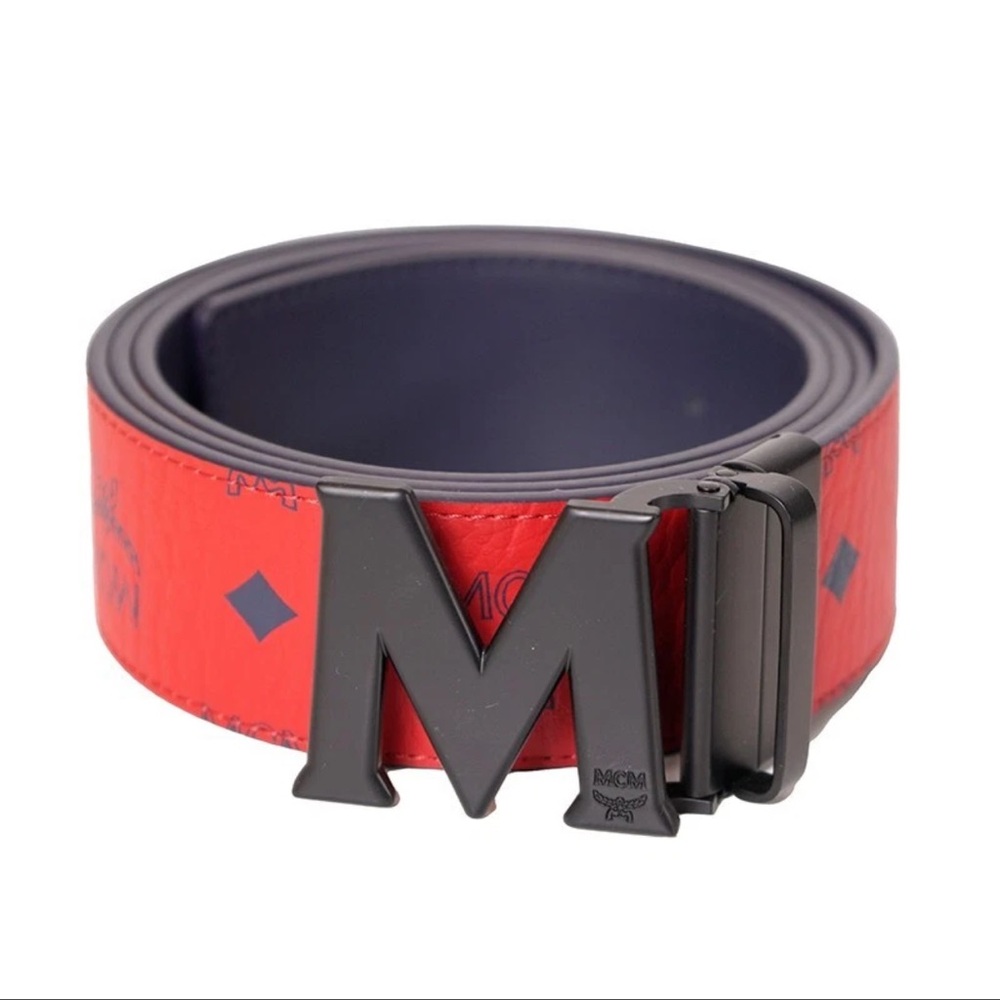 MCM MENS CLAUS REVERSIBLE BELT CANDY RED BLACK OS NWOT
